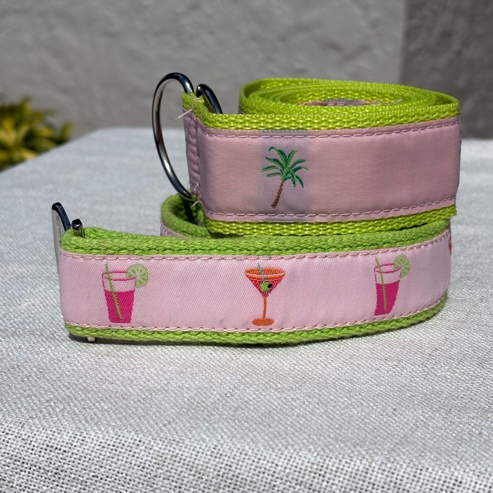 Preppy Embroidered Belt Set - Palm & Cocktail Motifs - Pink & Lime